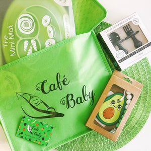 This bundle has all sorts of fun things for the perfect baby shower gift: These adorable teethers from Little E Designs, Grabease ergonomic fork and spoon sets, Food mats from ezpz, $30 Café Baby gift card. Try our baby food subscription box today! Our delivery service ships freshly prepped meals straight to your home. 